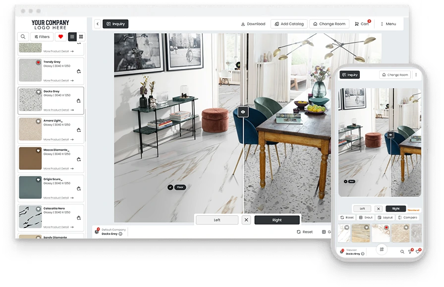 Visualizador Tilesview mostrando uma sala antes e depois no desktop e no celular