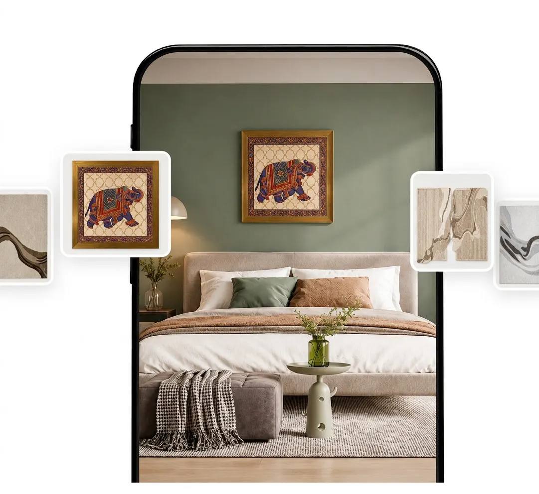 Art visualizer preview of an abstract wall painting above a living room sofa