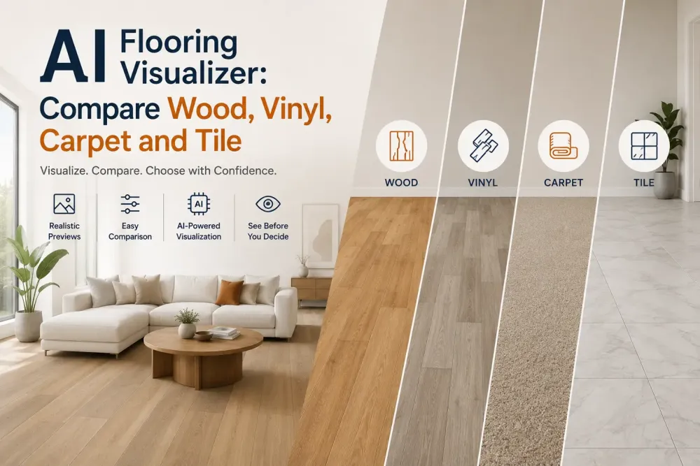 Visualizador de pisos Ai: compare madeira, vinil, carpete e azulejo